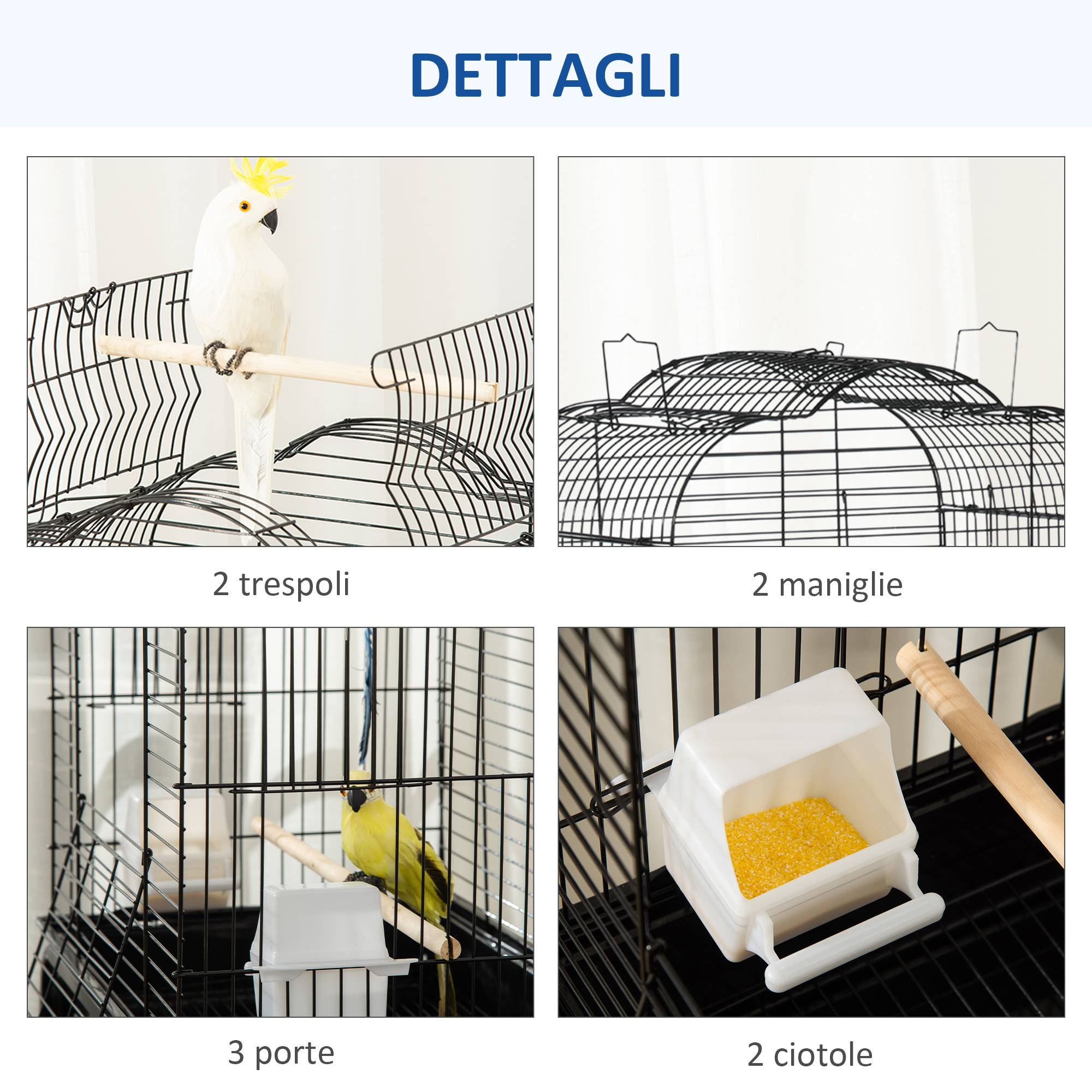 Cage pour oiseaux avec 3 perchoirs, 2 mangeoires et 2 portes latérales, acier, PP et bois, 46x36x130 cm, noire - Image 9