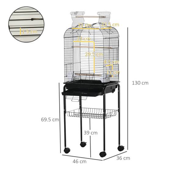 Cage pour oiseaux avec 3 perchoirs, 2 mangeoires et 2 portes latérales, acier, PP et bois, 46x36x130 cm, noire - Image 5