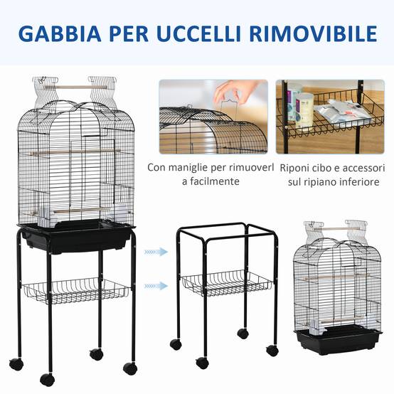Cage pour oiseaux avec 3 perchoirs, 2 mangeoires et 2 portes latérales, acier, PP et bois, 46x36x130 cm, noire - Image 7