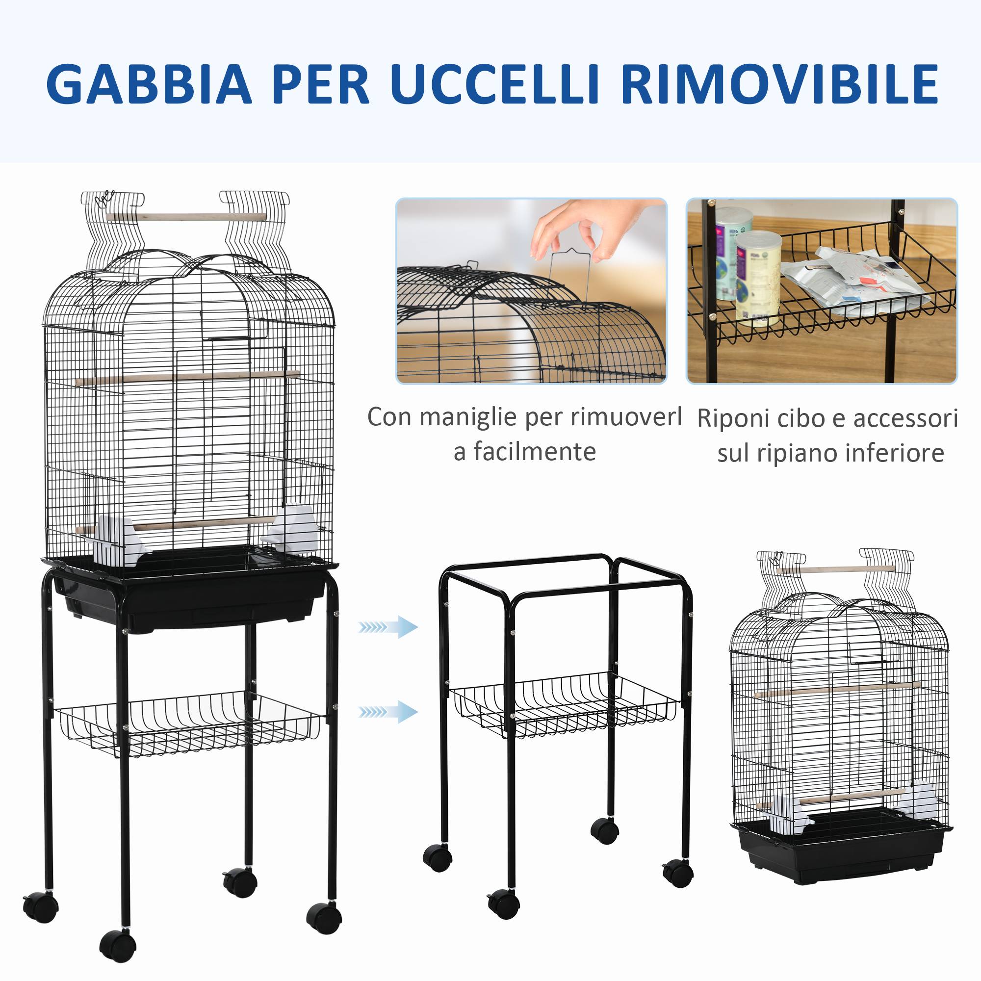 Cage pour oiseaux avec 3 perchoirs, 2 mangeoires et 2 portes latérales, acier, PP et bois, 46x36x130 cm, noire - Image 7