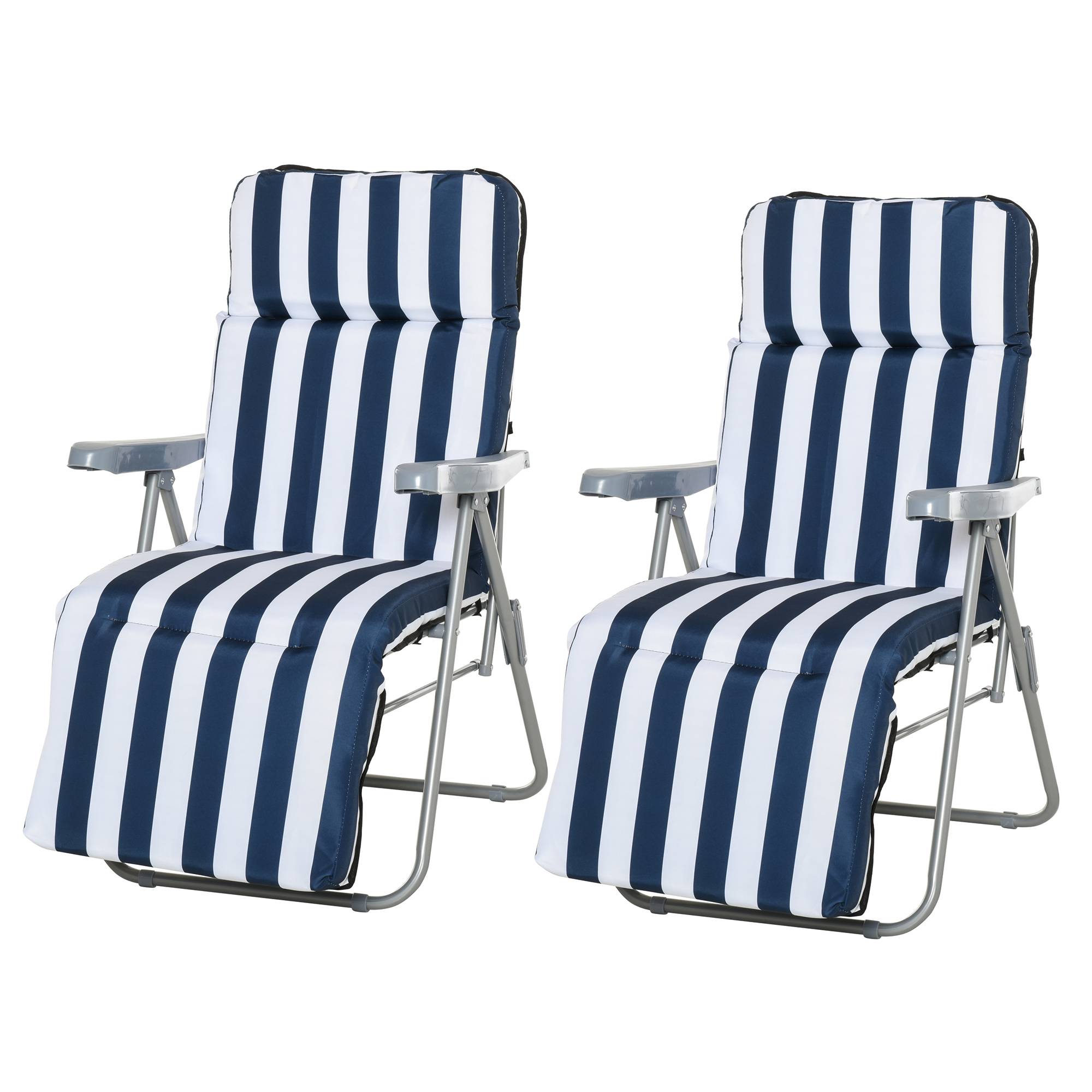 Lot de 2 chaises jardin pliables avec accoudoirs, 5 positions, coussin bleu, 60 x 75 x 102 cm - Image 2