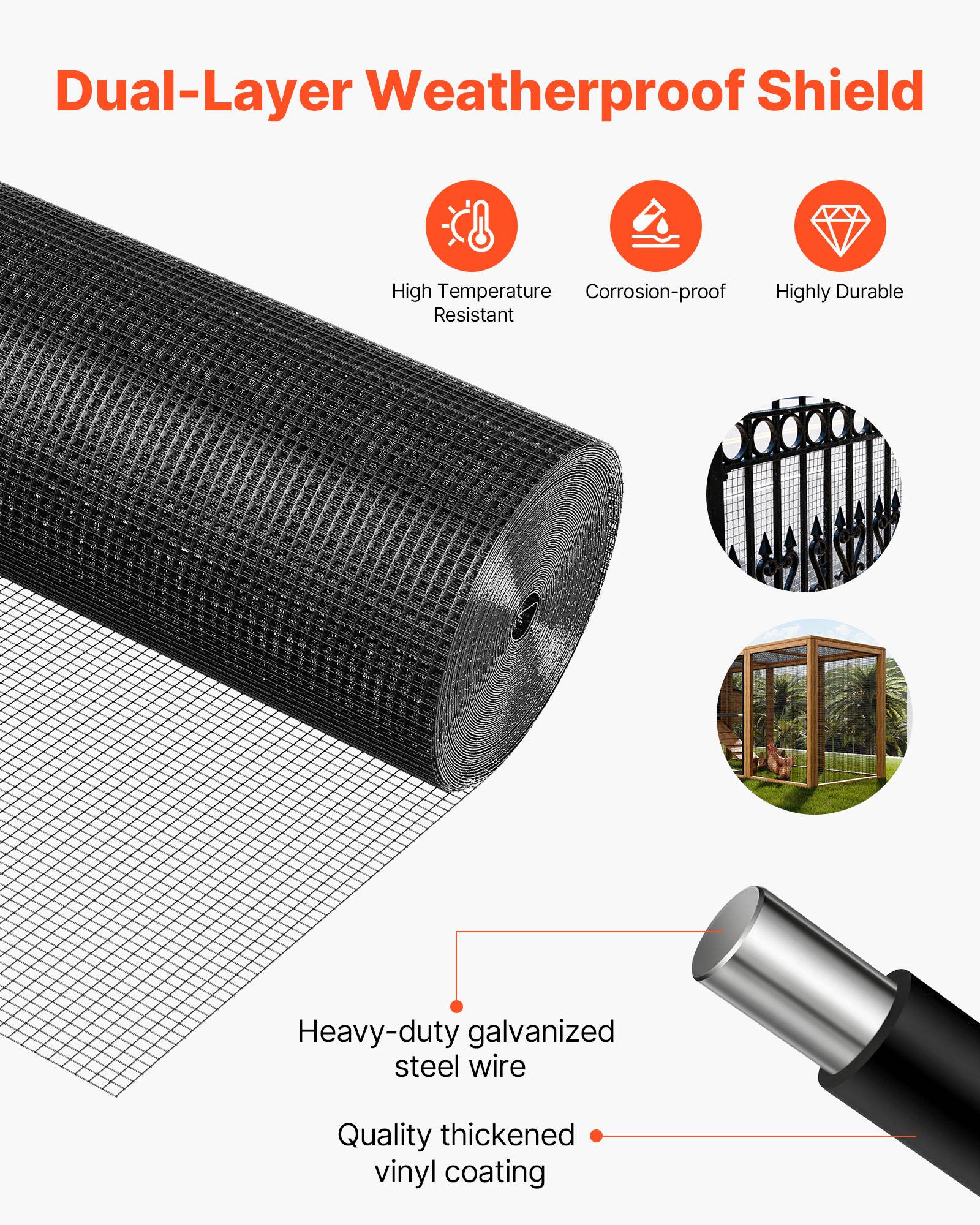 Vevor - VEVOR Grillage métallique noir soudé, maille 1,27 cm, 183 cm x 30,5 m, fil galvanisé revêtu PVC calibre 19 pour jardin, enclos et poulaillers. - Image 4