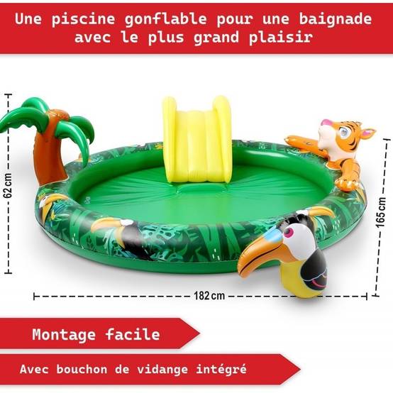 Piscine gonflable pour enfants toboggan de piscine - 182x165x62 cm piscine hors sol design Jungle- Parc aquatique - Image 5