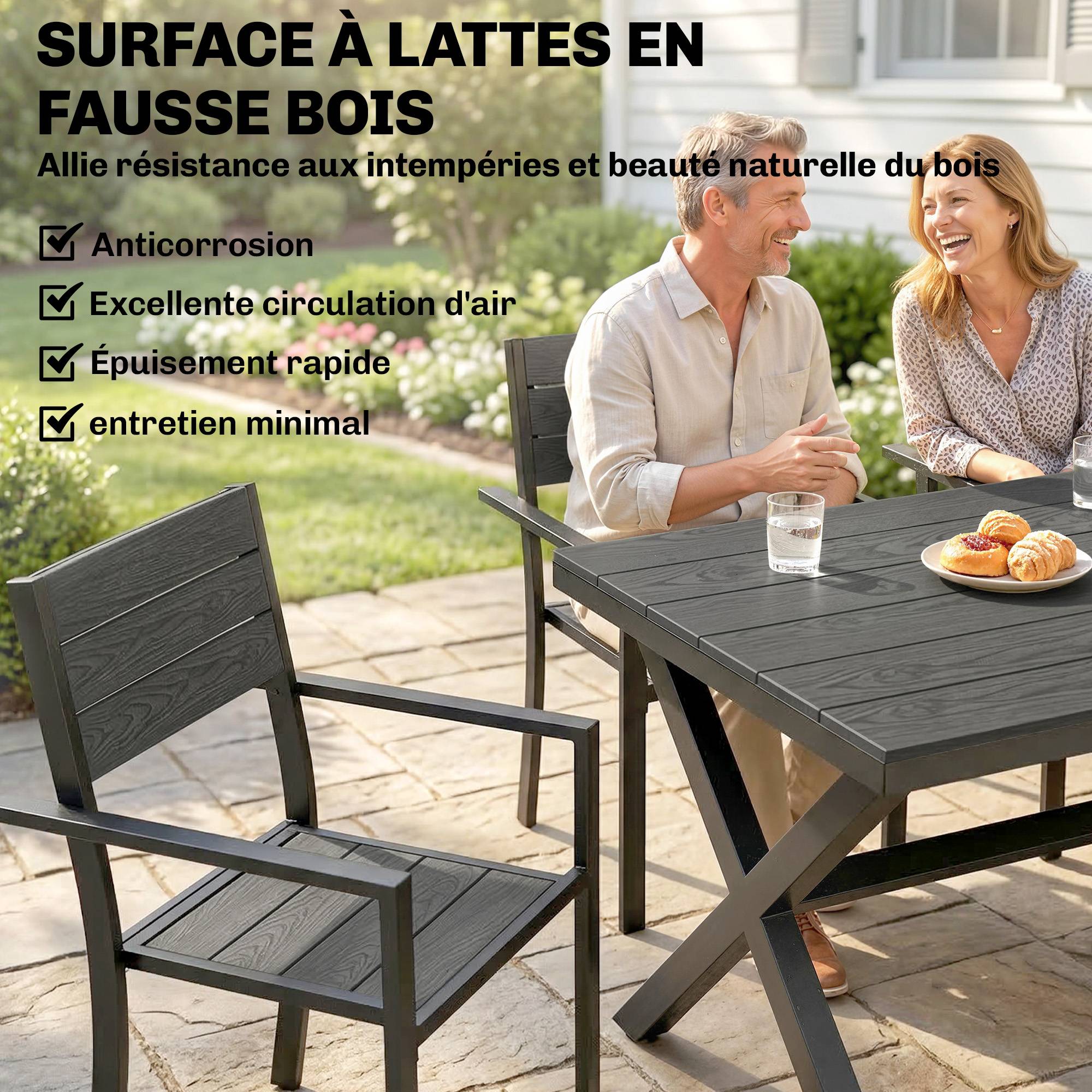 ComfortXL - Salon repas 7 pièces aluminium jardin lattes effet bois 160cm gris - ComfortXL Outdoor Living - Image 7