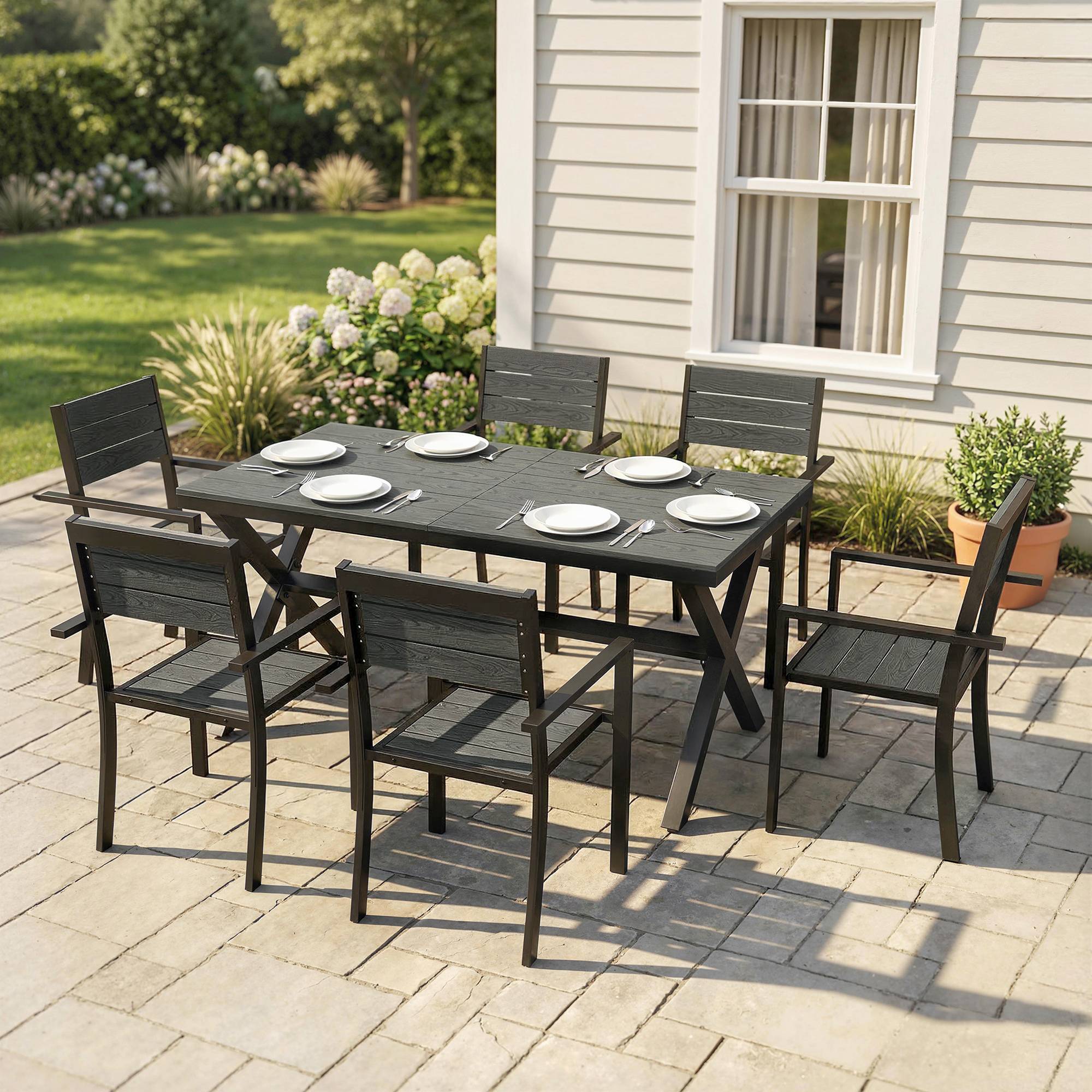 ComfortXL - Salon repas 7 pièces aluminium jardin lattes effet bois 160cm gris - ComfortXL Outdoor Living - Image 4