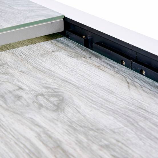 Table Modulo 6/10 personnes structure aluminium blanche, plateau en verre décors bois - Image 5