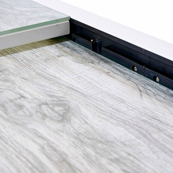 Table Modulo 6/10 personnes structure aluminium blanche, plateau en verre décors bois - Image 5
