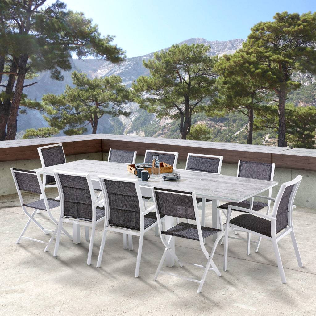 Table Modulo 6/10 personnes structure aluminium blanche, plateau en verre décors bois - Image 2