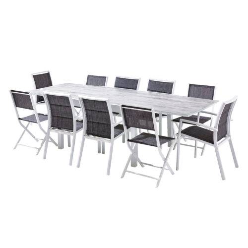 Table Modulo 6/10 personnes structure aluminium blanche, plateau en verre décors bois - Image 6