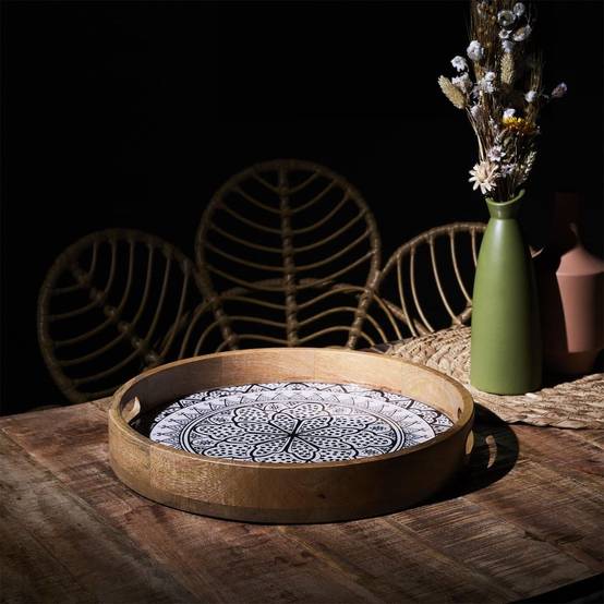 Plateau rond en bois de manguier avec motif mandala noir (Ø35cm) - MANGO - Image 7