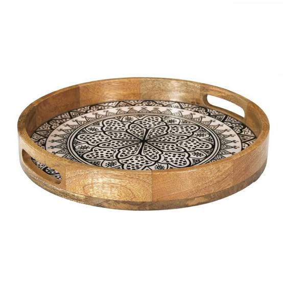 Plateau rond en bois de manguier avec motif mandala noir (Ø35cm) - MANGO - Image 1