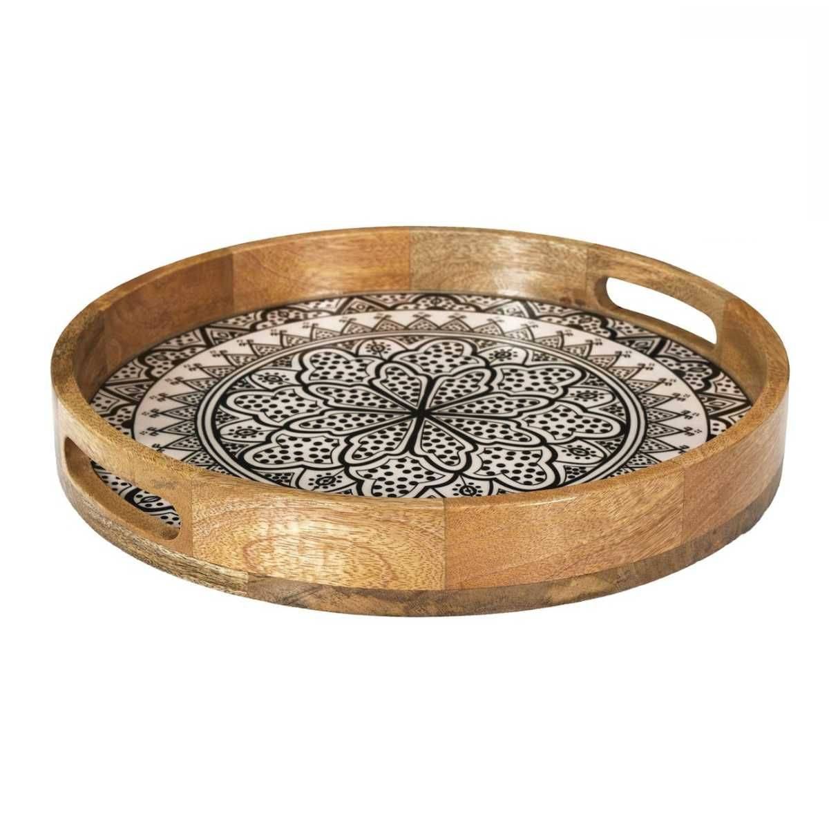 Plateau rond en bois de manguier avec motif mandala noir (Ø35cm) - MANGO - Image 1