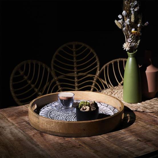 Plateau rond en bois de manguier avec motif mandala noir (Ø35cm) - MANGO - Image 6