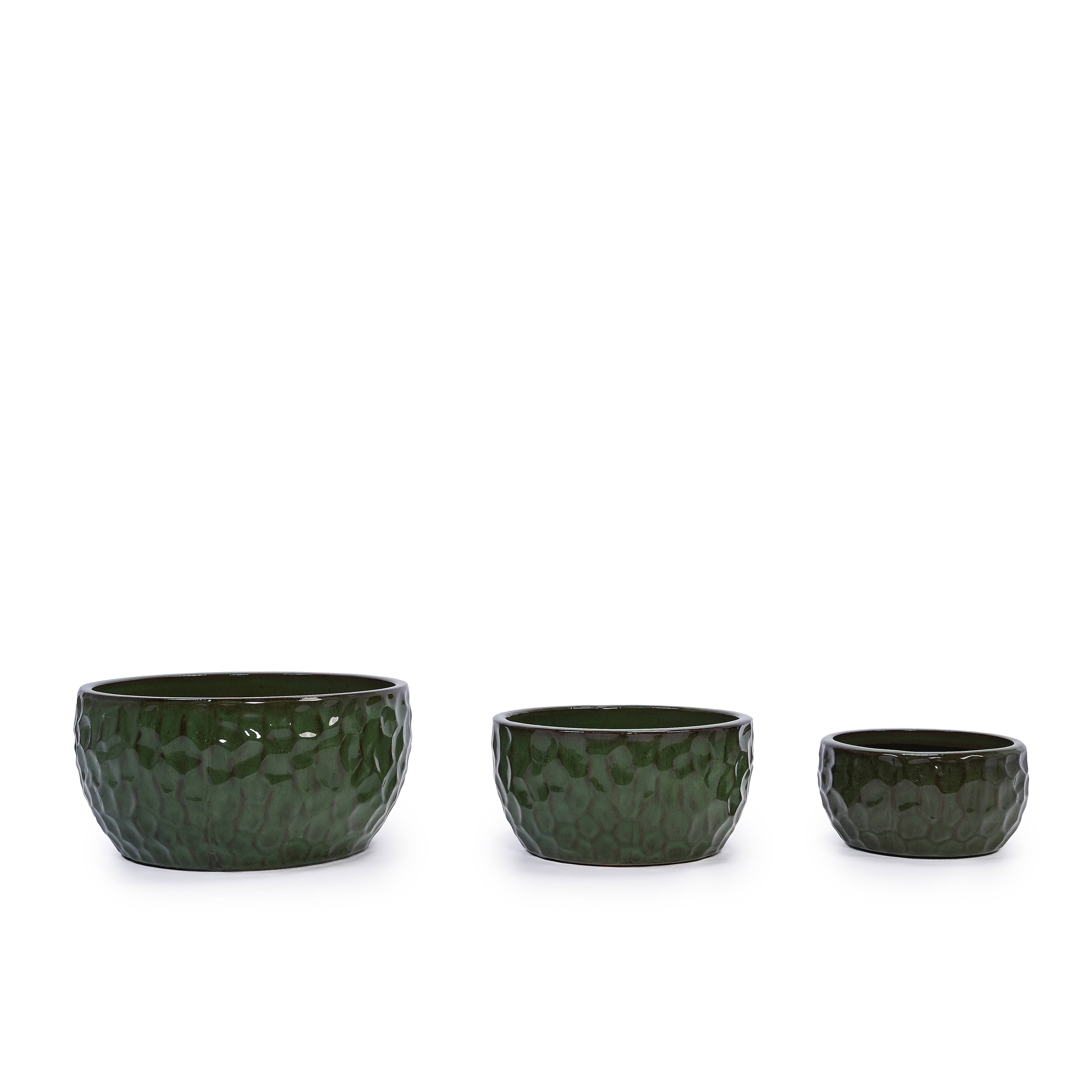 Lot 3 Pots de Fleurs Céramique Effet Martelé Intérieur Extérieur Drainage Vert - ComfortXL Outdoor Living - Image 2