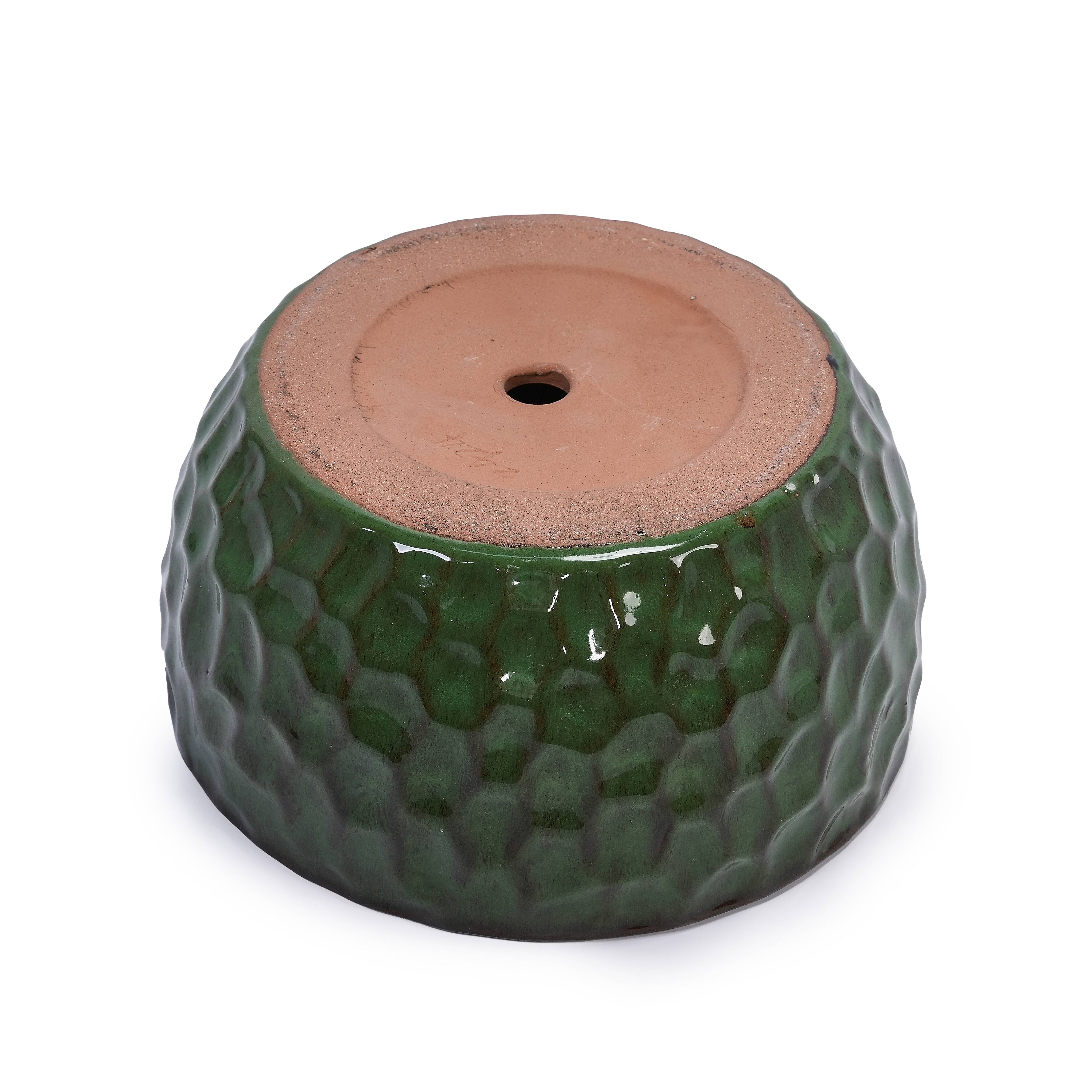 Lot 3 Pots de Fleurs Céramique Effet Martelé Intérieur Extérieur Drainage Vert - ComfortXL Outdoor Living - Image 8