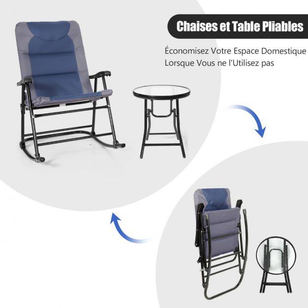 Helloshop26 - Salon de jardin 2 personnes ensemble de jardin 3 pcs avec 2 chaises rembourrés à bascule et table en verre pliables bleu - Imagen 4