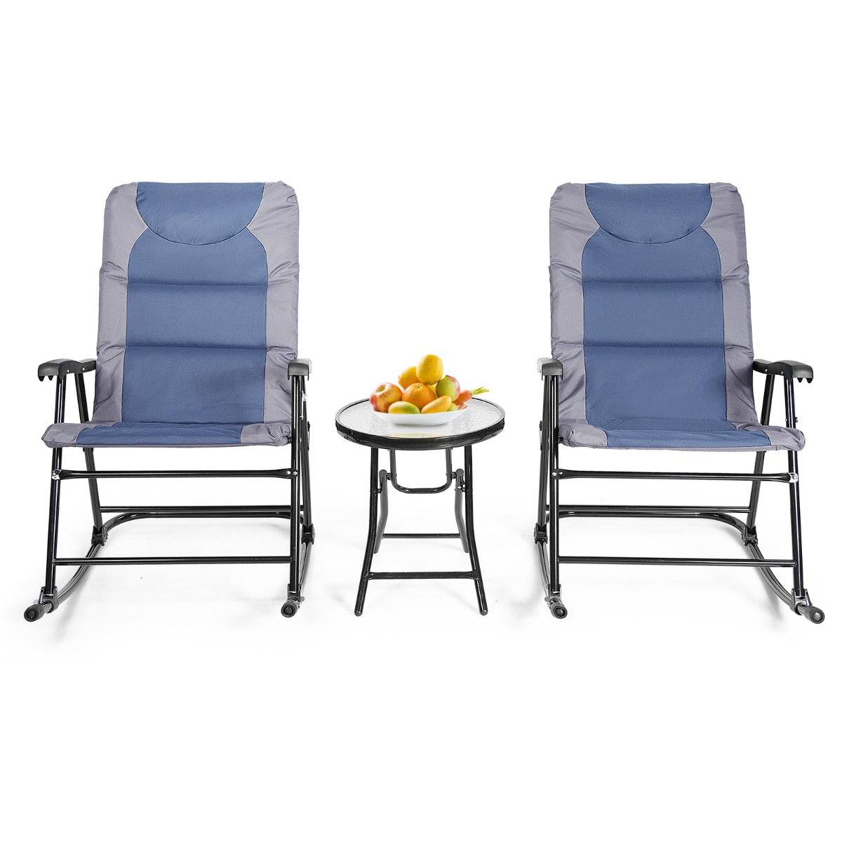 Helloshop26 - Salon de jardin 2 personnes ensemble de jardin 3 pcs avec 2 chaises rembourrés à bascule et table en verre pliables bleu - Imagen 1