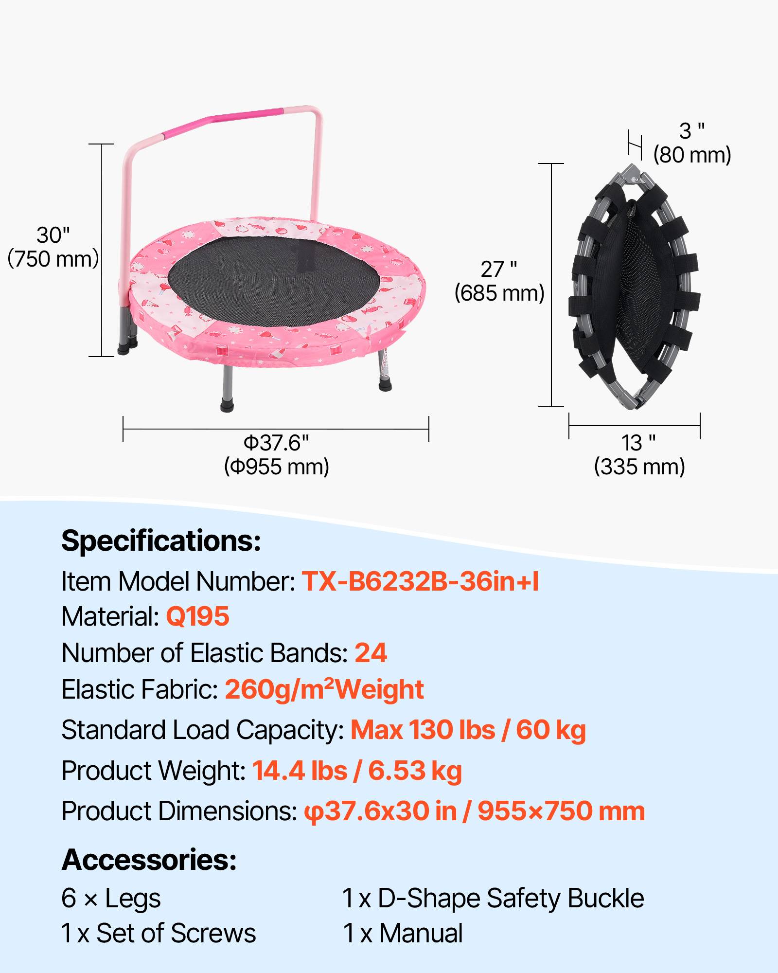 Vevor - VEVOR Mini trampoline pliable enfant 95,5 cm, rebounder avec poignée, pliable et portable, cadeau anniversaire, rouge - Image 6