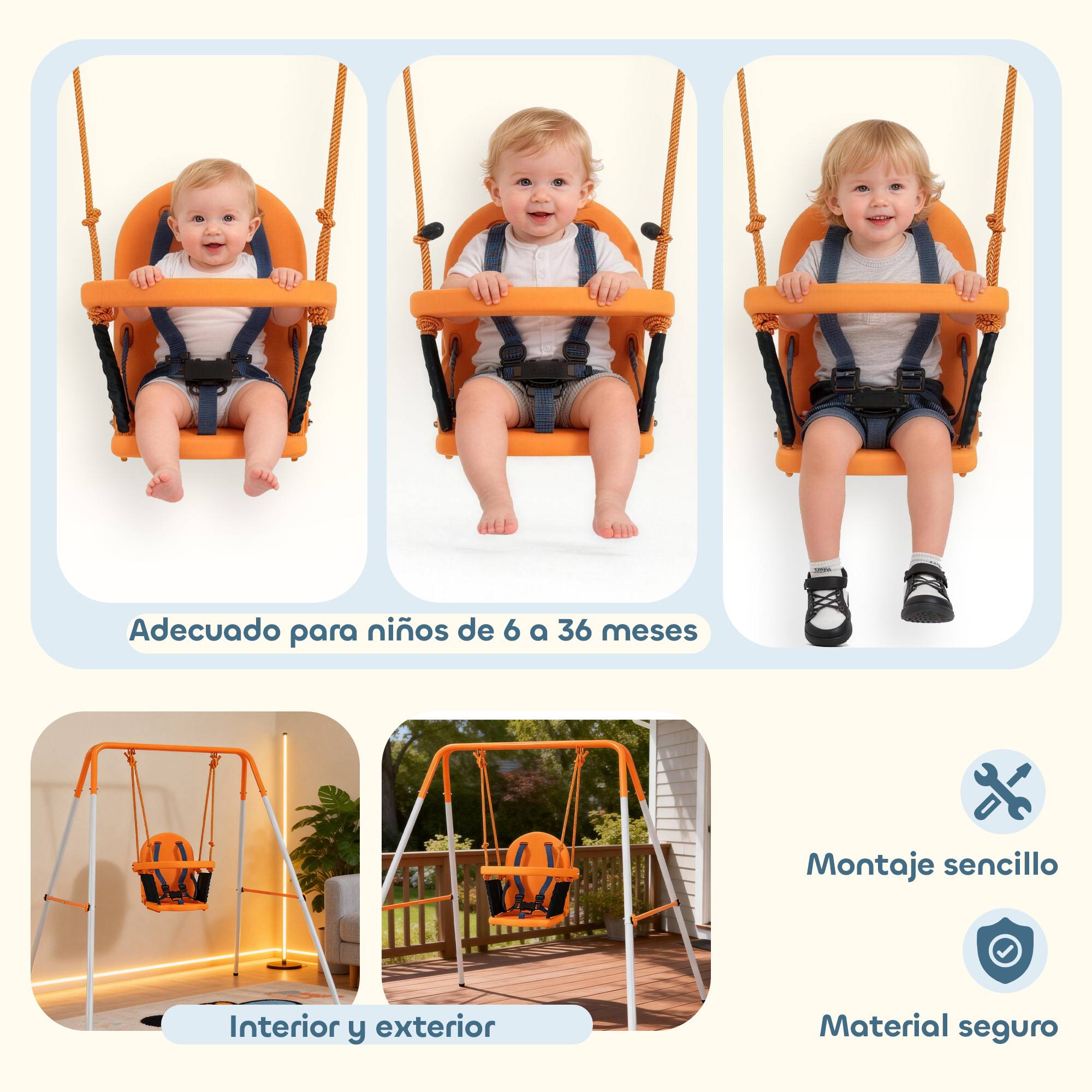 Balançoire bébé de jardin extérieur en acier avec dossier et ceinture de sécurité, charge 25 kg, orange, sécurisée pour les jeunes enfants - Image 4