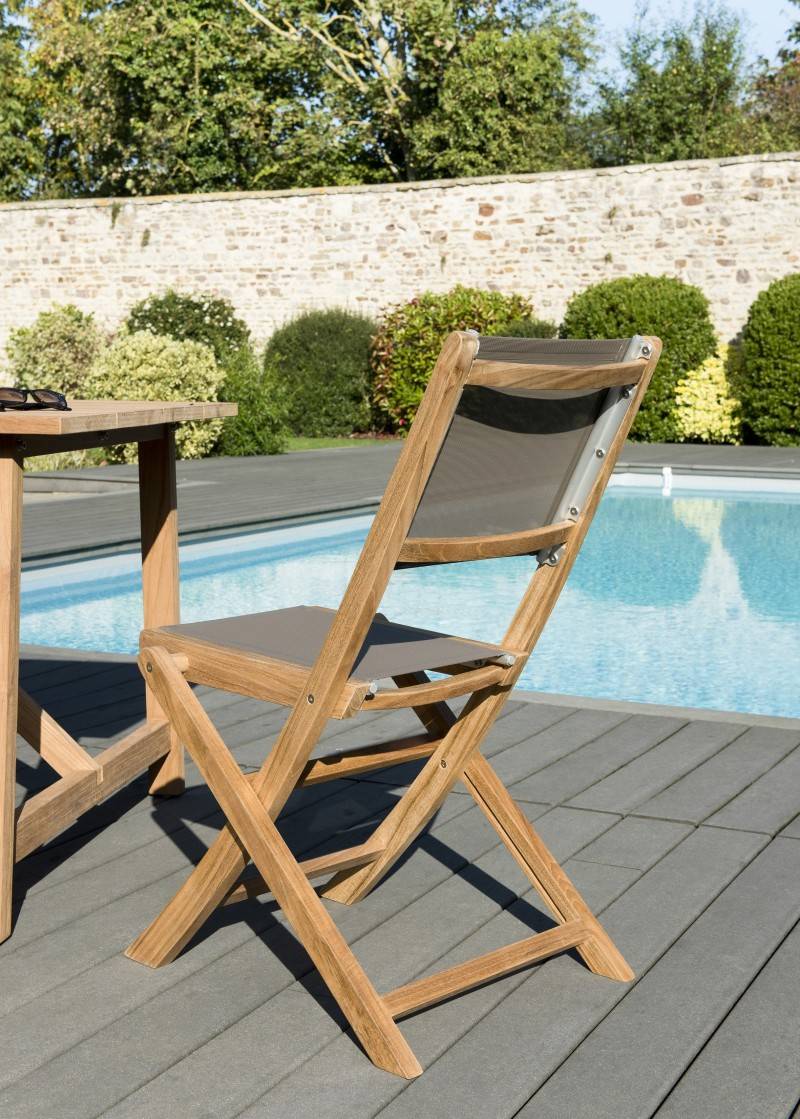 Macabane - FUN - Ensemble 2 chaises de jardin pliantes bois Teck/textilène gris - Imagen 3