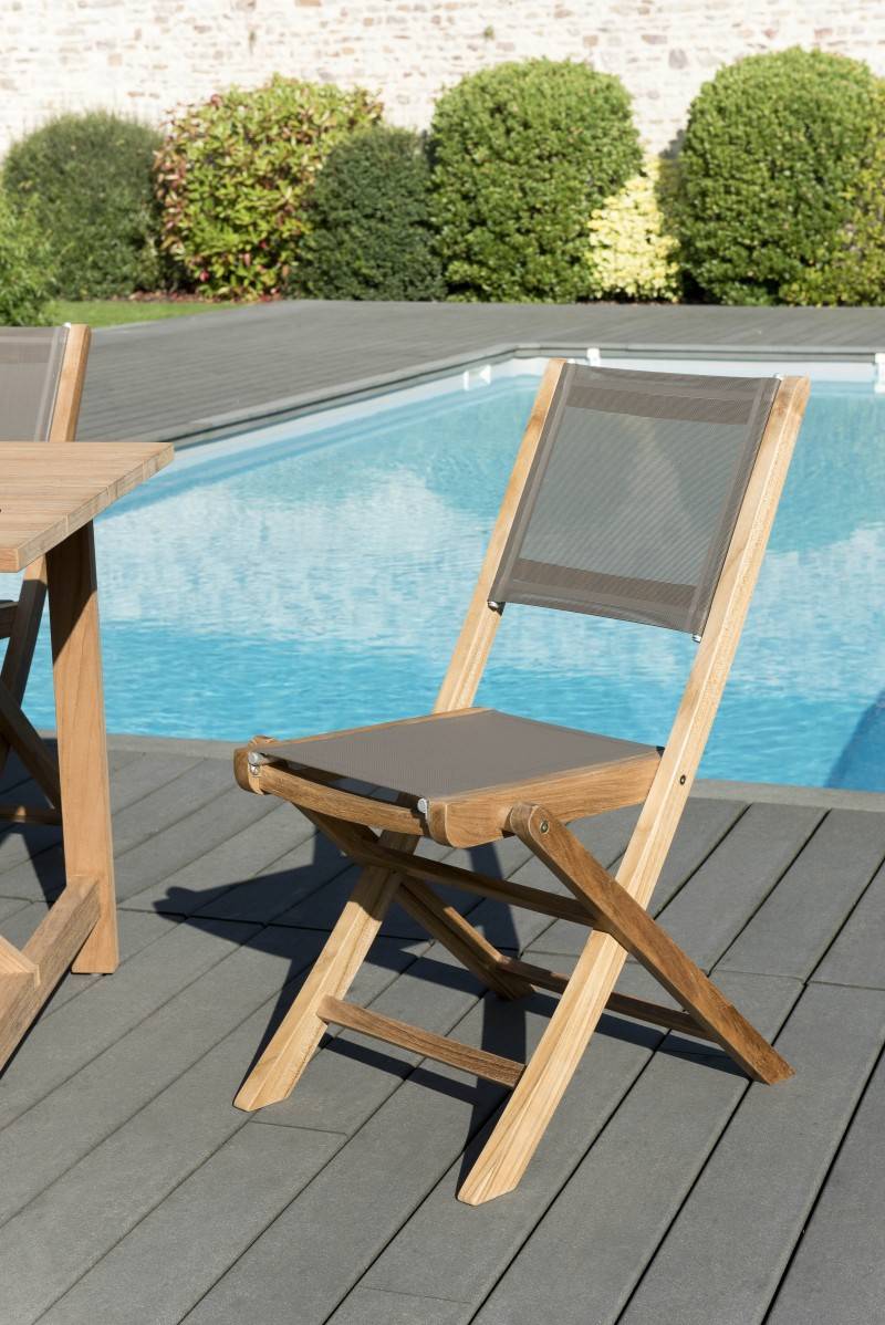 Macabane - FUN - Ensemble 2 chaises de jardin pliantes bois Teck/textilène gris - Imagen 2