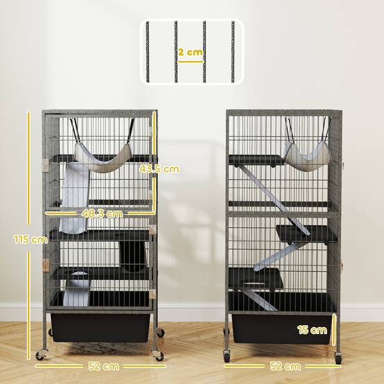 Grande cage rongeurs acier 4 niveaux avec rampes et roues 52x52x115cm Gris - ComfortXL Outdoor Living - Image 5