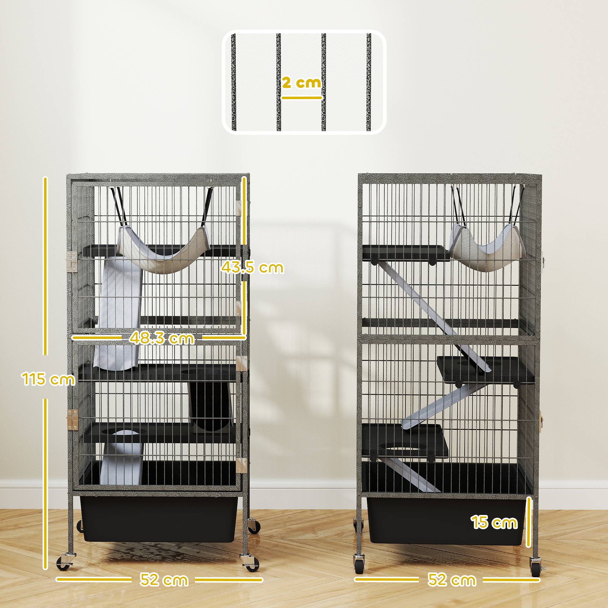 Grande cage rongeurs acier 4 niveaux avec rampes et roues 52x52x115cm Gris - ComfortXL Outdoor Living - Image 5