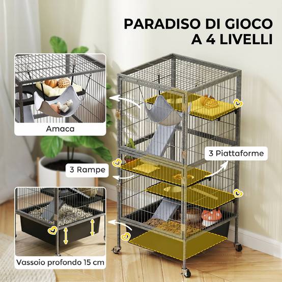 Grande cage rongeurs acier 4 niveaux avec rampes et roues 52x52x115cm Gris - ComfortXL Outdoor Living - Image 7