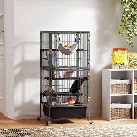 Grande cage rongeurs acier 4 niveaux avec rampes et roues 52x52x115cm Gris - ComfortXL Outdoor Living - Image 4
