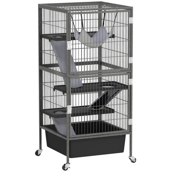 Grande cage rongeurs acier 4 niveaux avec rampes et roues 52x52x115cm Gris - ComfortXL Outdoor Living - Image 1