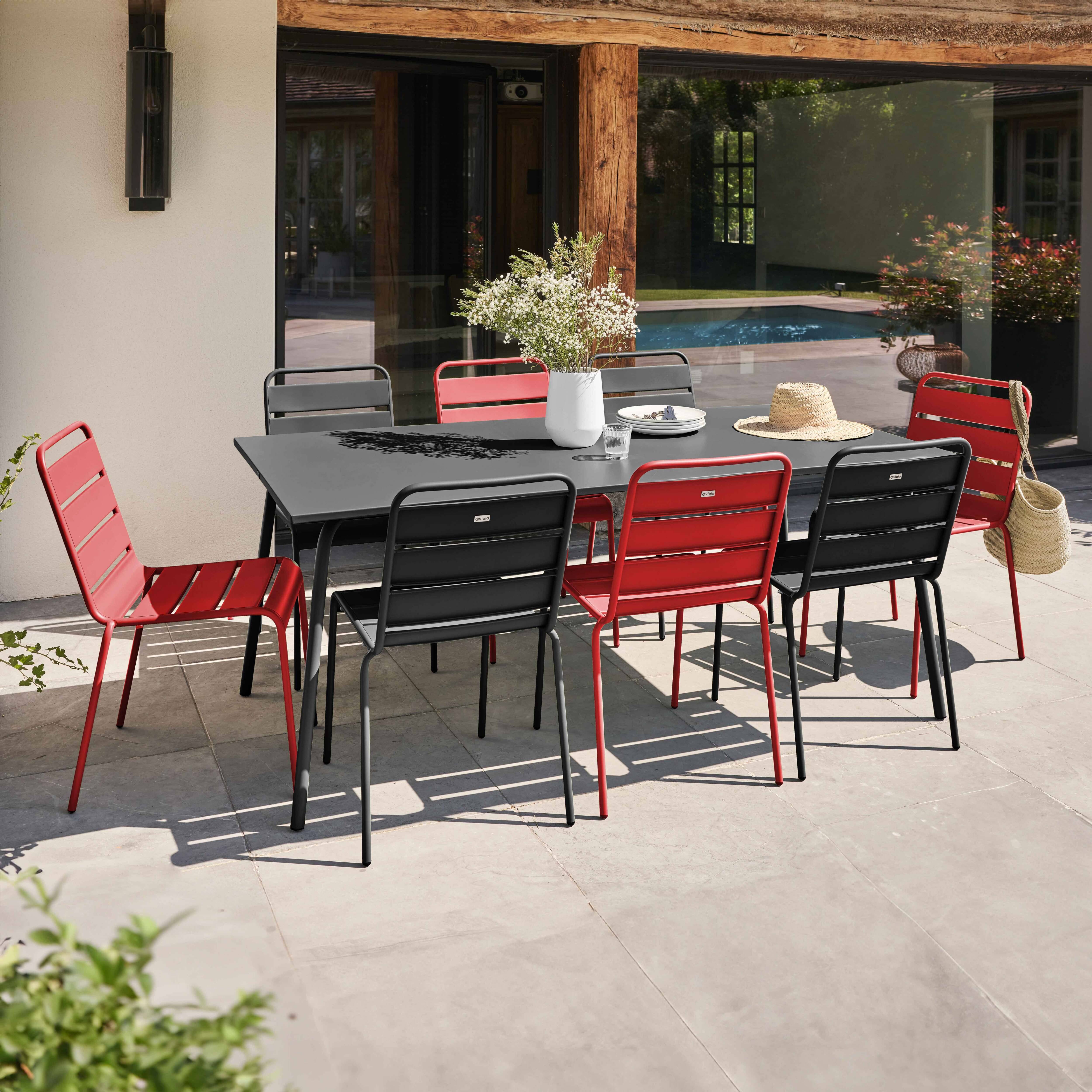 Oviala - Ensemble table de jardin et 8 chaises en métal gris et rouge Palavas - Oviala - Imagen 2