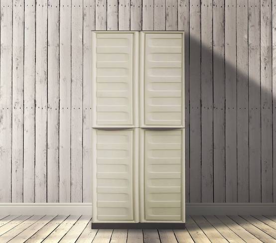 Dmora - Armoire d'extérieur Avelgem, Armoire de balcon polyvalente, armoire à balais 2 portes, 70x47h178 cm, Beige et Marron, Finition rayée - Dmora - Image 2