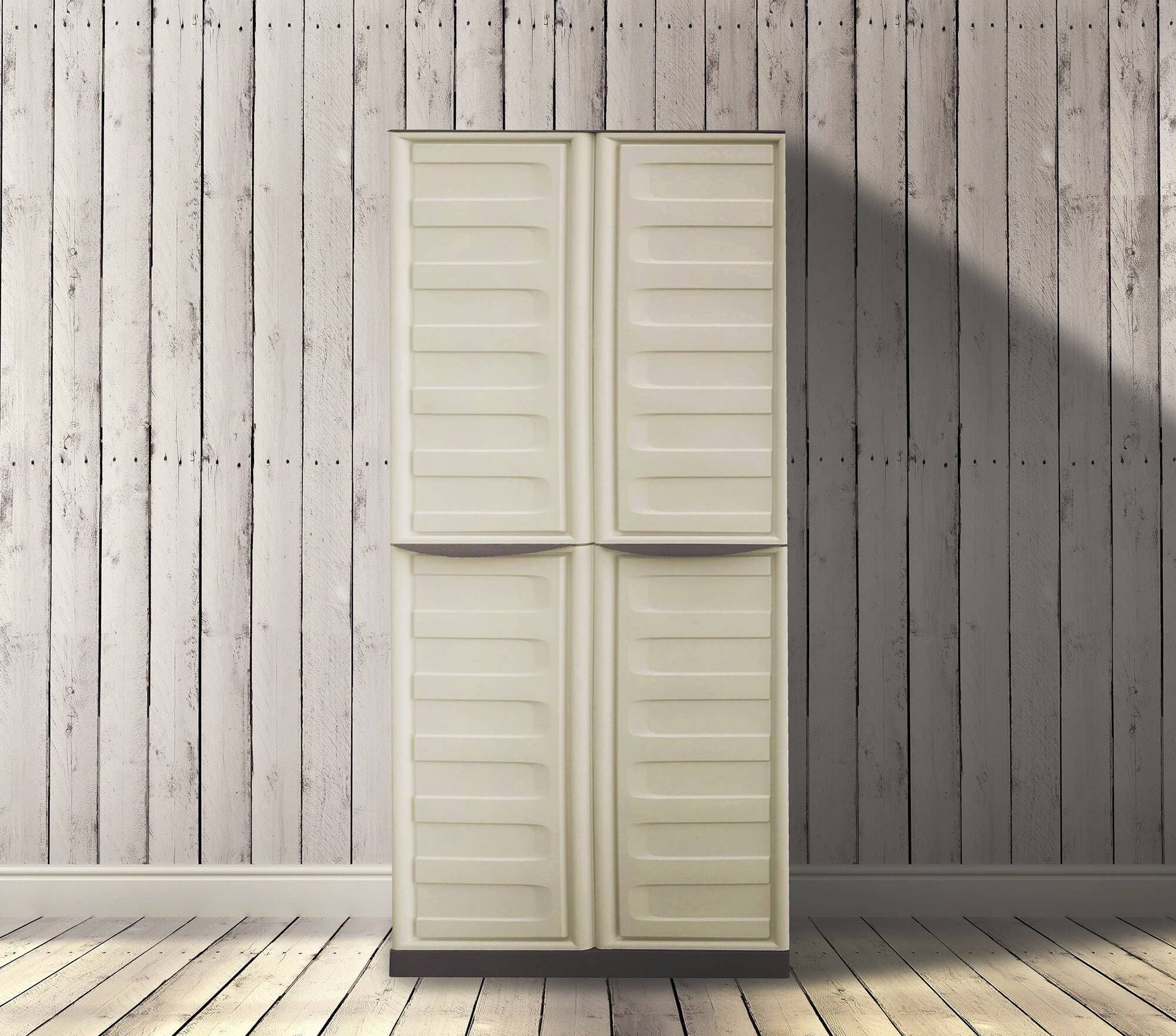 Dmora - Armoire d'extérieur Avelgem, Armoire de balcon polyvalente, armoire à balais 2 portes, 70x47h178 cm, Beige et Marron, Finition rayée - Dmora - Image 2