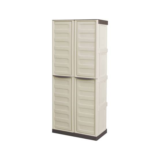 Dmora - Armoire d'extérieur Avelgem, Armoire de balcon polyvalente, armoire à balais 2 portes, 70x47h178 cm, Beige et Marron, Finition rayée - Dmora - Image 1