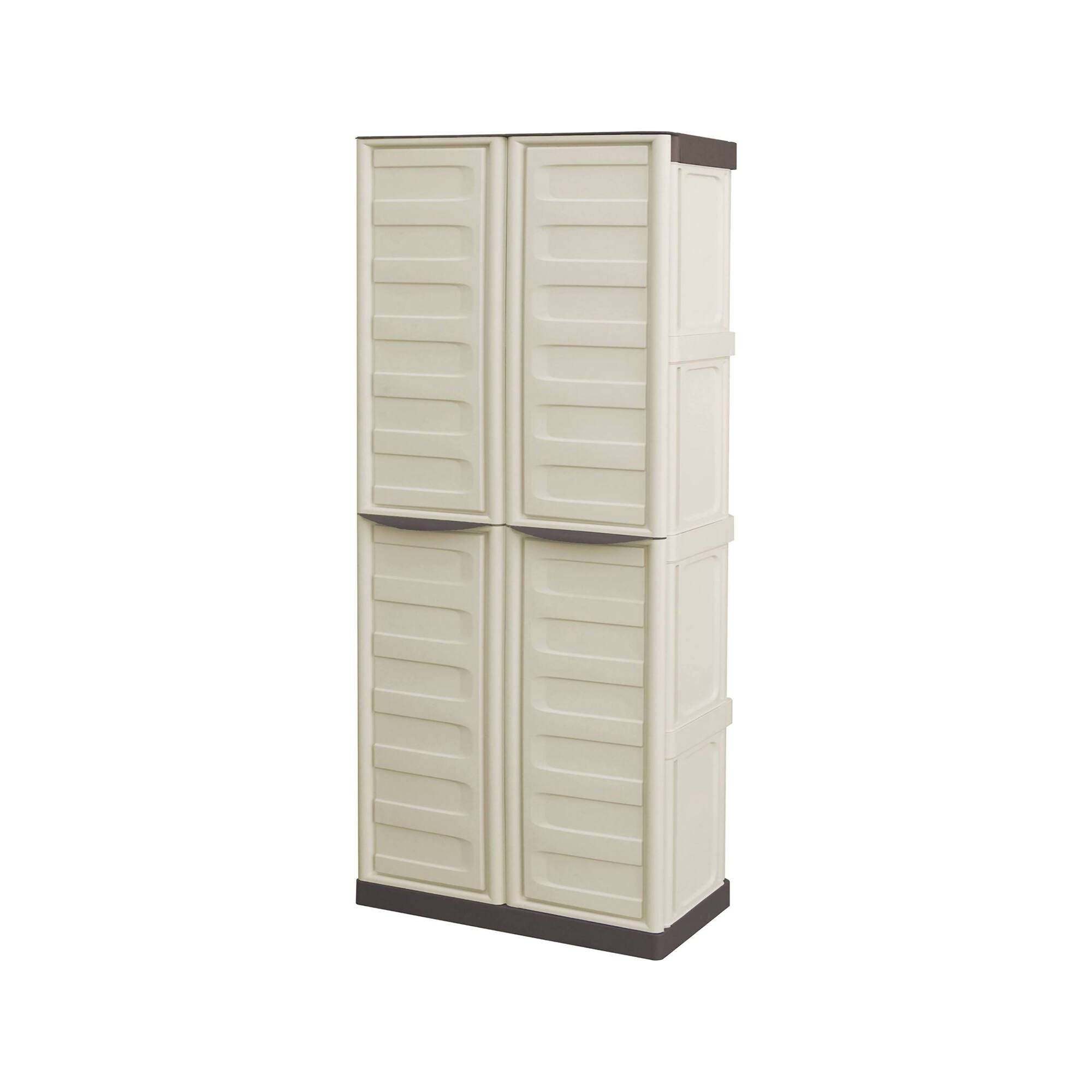 Dmora - Armoire d'extérieur Avelgem, Armoire de balcon polyvalente, armoire à balais 2 portes, 70x47h178 cm, Beige et Marron, Finition rayée - Dmora - Image 1