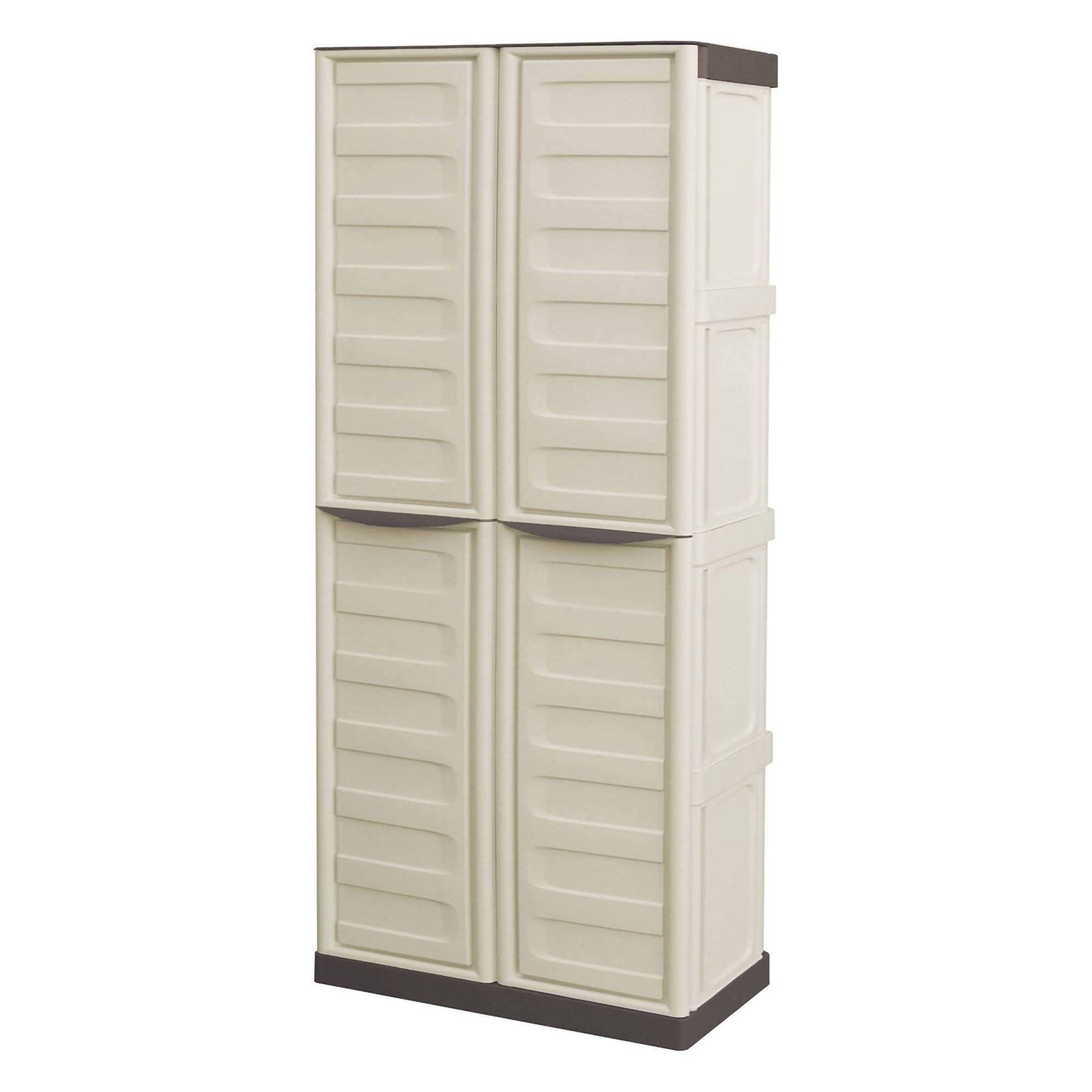 Dmora - Armoire d'extérieur Avelgem, Armoire de balcon polyvalente, armoire à balais 2 portes, 70x47h178 cm, Beige et Marron, Finition rayée - Dmora - Imagen 4