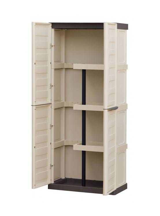 Dmora - Armoire d'extérieur Avelgem, Armoire de balcon polyvalente, armoire à balais 2 portes, 70x47h178 cm, Beige et Marron, Finition rayée - Dmora - Image 6