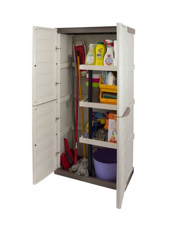 Dmora - Armoire d'extérieur Avelgem, Armoire de balcon polyvalente, armoire à balais 2 portes, 70x47h178 cm, Beige et Marron, Finition rayée - Dmora - Image 5
