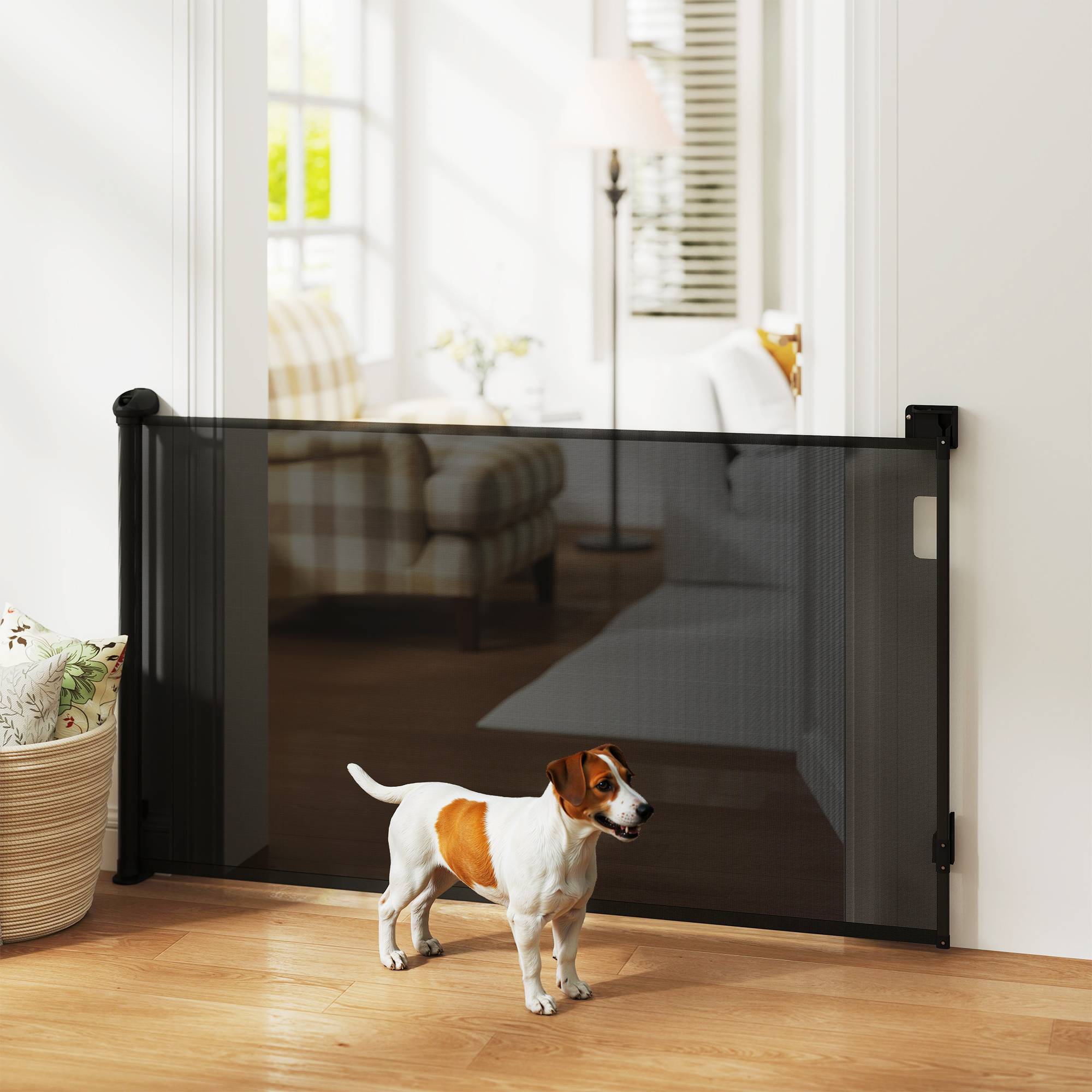 Barrière de sécurité rétractable pour chien (0-140 cm) avec verrouillage, pour portes et escaliers, noire. - Image 4