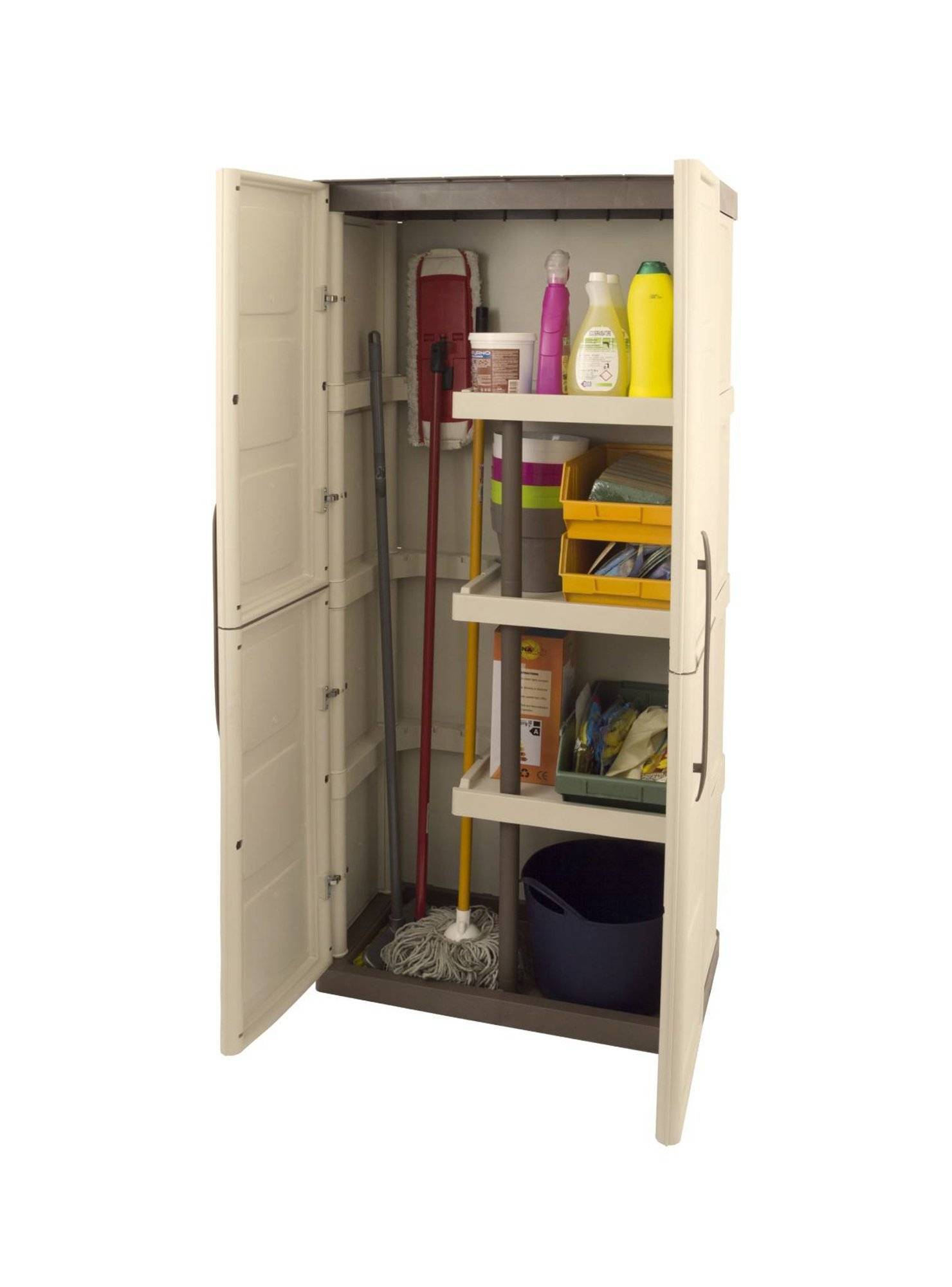 Dmora - Armoire d'extérieur Daldegan, Armoire de balcon polyvalente, armoire à balais 2 portes, 70x47h178 cm, Beige et Marron, Finition damier - Dmora - Imagen 5