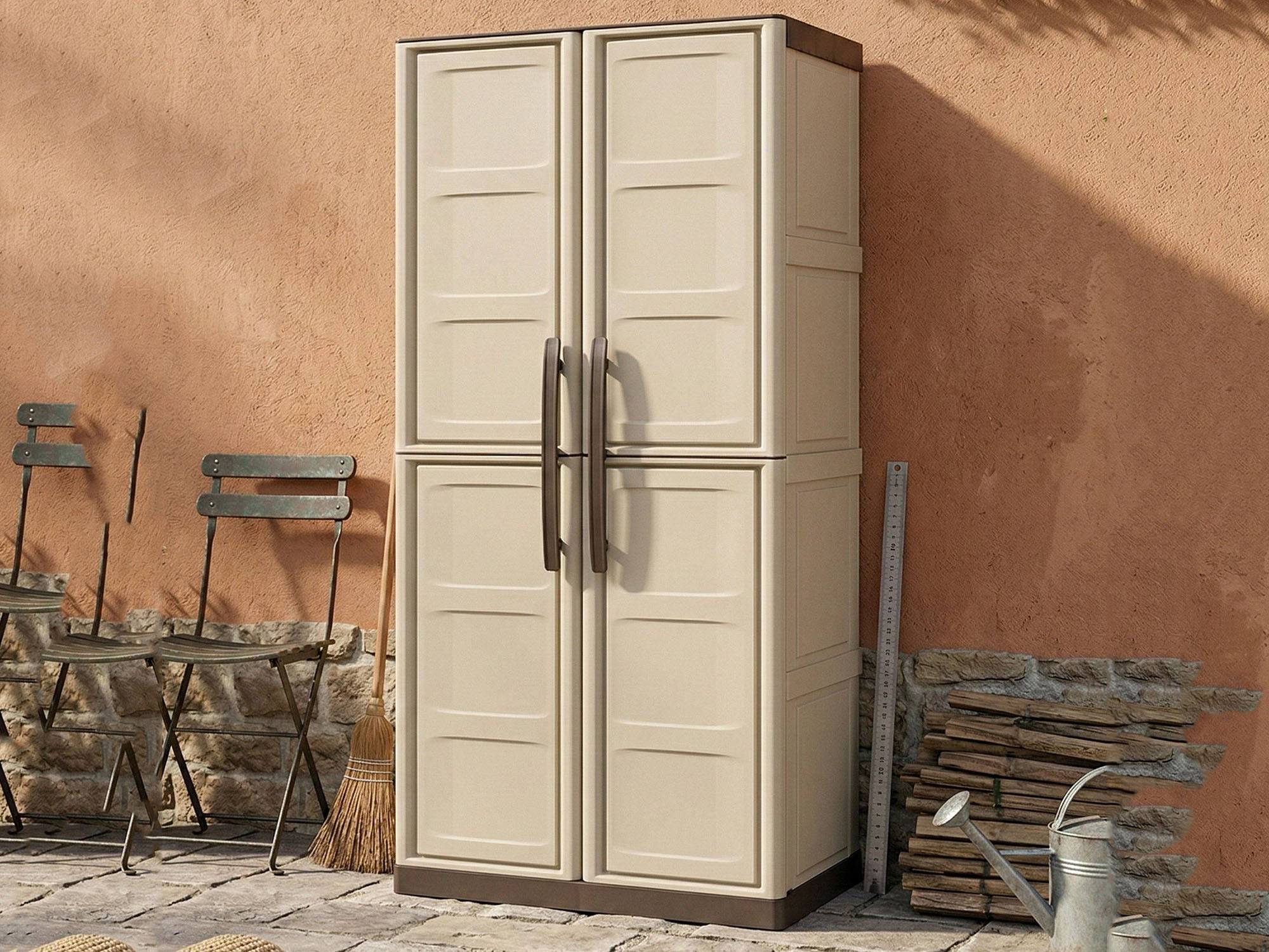 Dmora - Armoire d'extérieur Daldegan, Armoire de balcon polyvalente, armoire à balais 2 portes, 70x47h178 cm, Beige et Marron, Finition damier - Dmora - Imagen 6