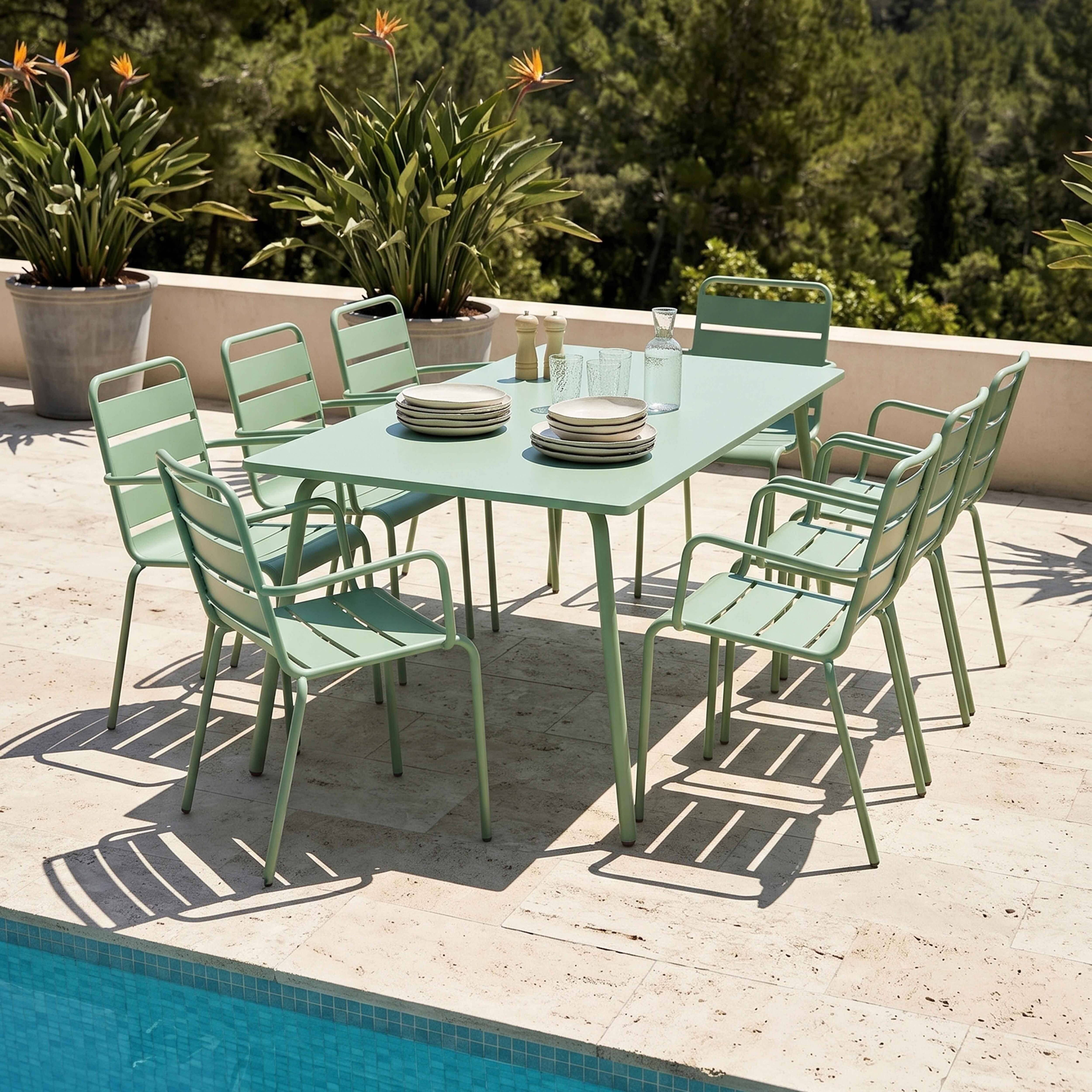 Oviala - Ensemble table de jardin et 8 fauteuils en métal vert sauge Palavas - Oviala - Imagen 2