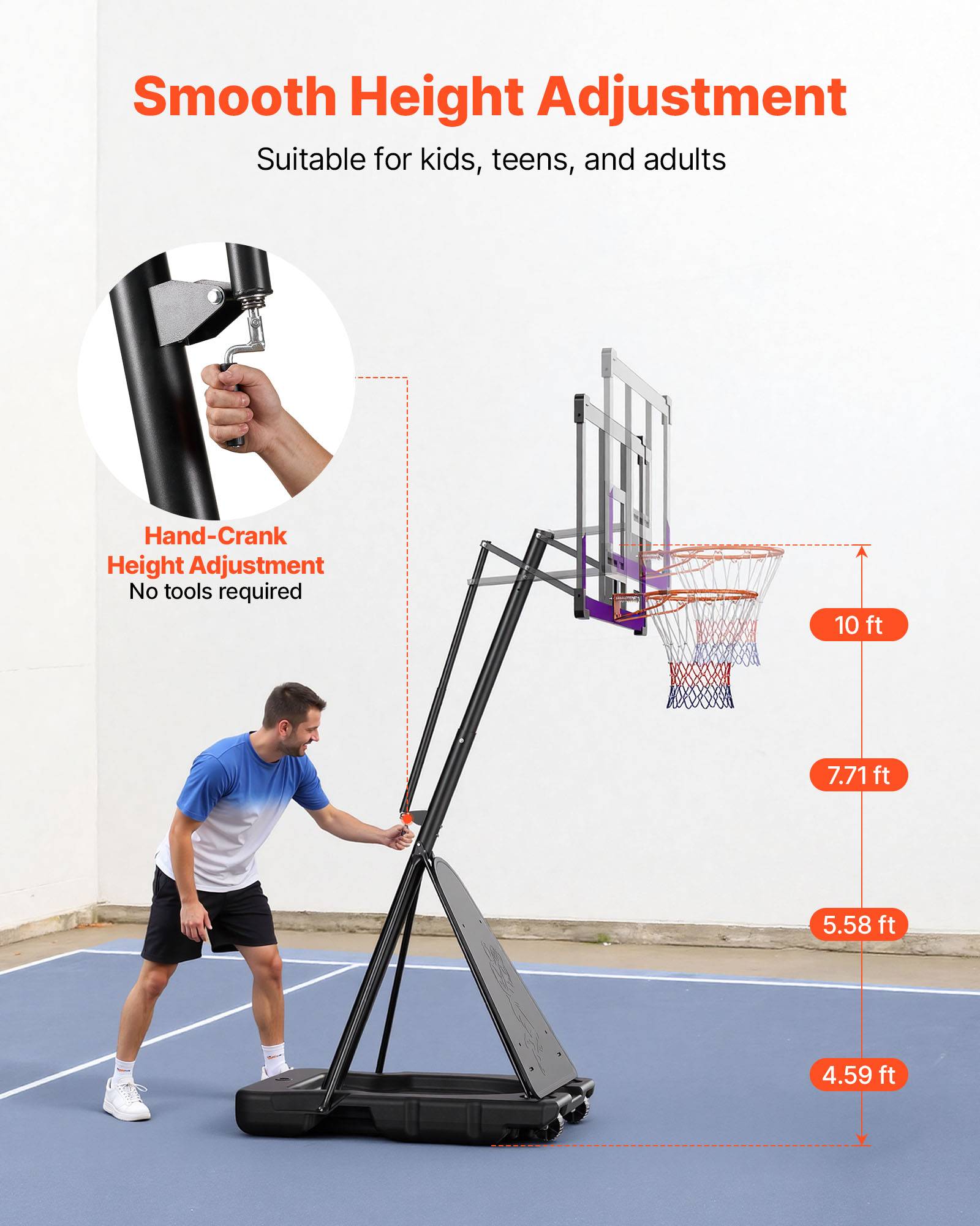 Vevor - VEVOR Panier de basket portable, hauteur réglable 3,05 m, panneau PC 121 cm, base remplissable, roulettes avec frein, idéal intérieur et extérieur. - Image 7