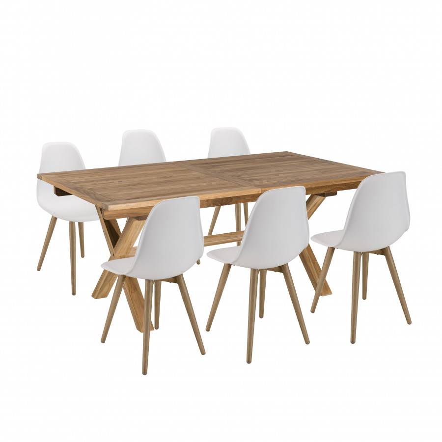 Macabane - MALO - SALON DE JARDIN 6 PERS. - 1 table rectangulaire 180x100cm et 6 chaises blanches pieds couleur naturelle - Imagen 1