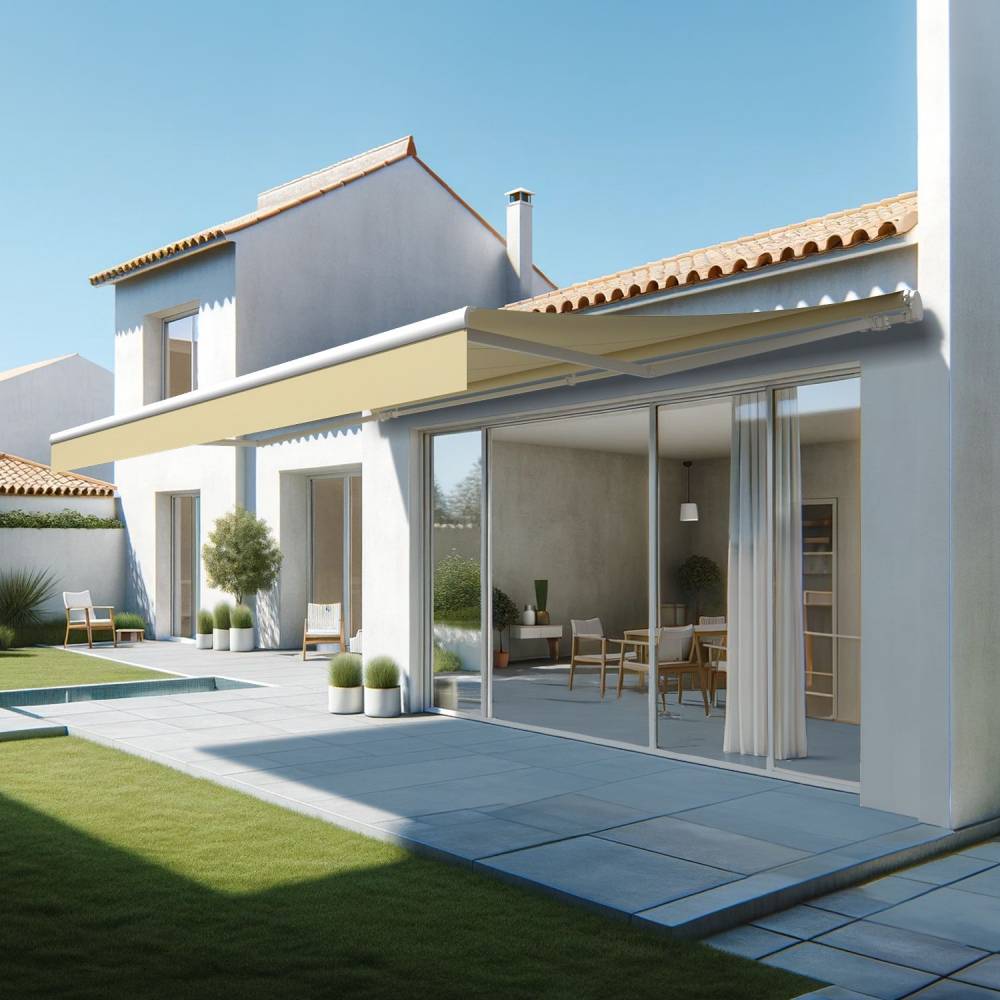 Store banne monobloc ESPAI 6,00x3,00m (Manuelle - Ecru - Blanc) - Alia Productions - Imagen 1