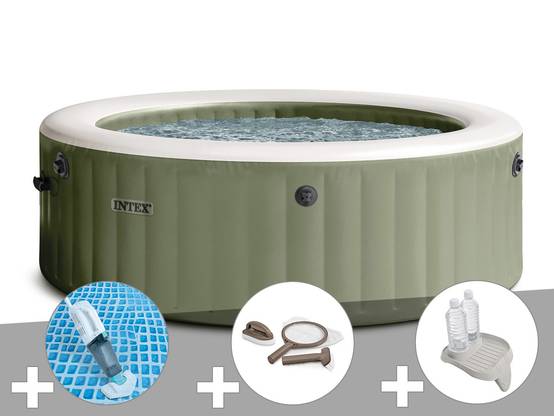 Kit spa gonflable Intex PureSpa Olive rond Bulles 4 places + Aspirateur + Kit d'entretien + Porte-verre