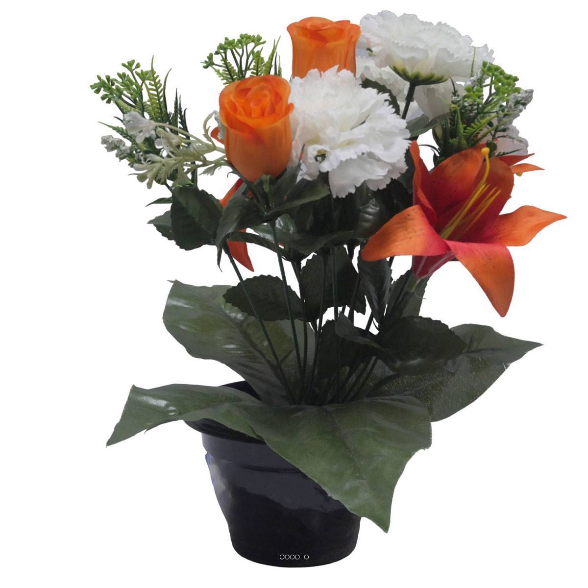 Artificielles - Pot pour Tombe d'oeillet, Lys tigré et mini fleurs Orange artificiels - Toussaint - couleur: Orange - Imagen 1
