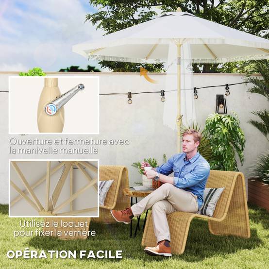 Parasol droit inclinable bohème acier jardin manivelle franges 265cm blanc - ComfortXL Outdoor Living - Image 7