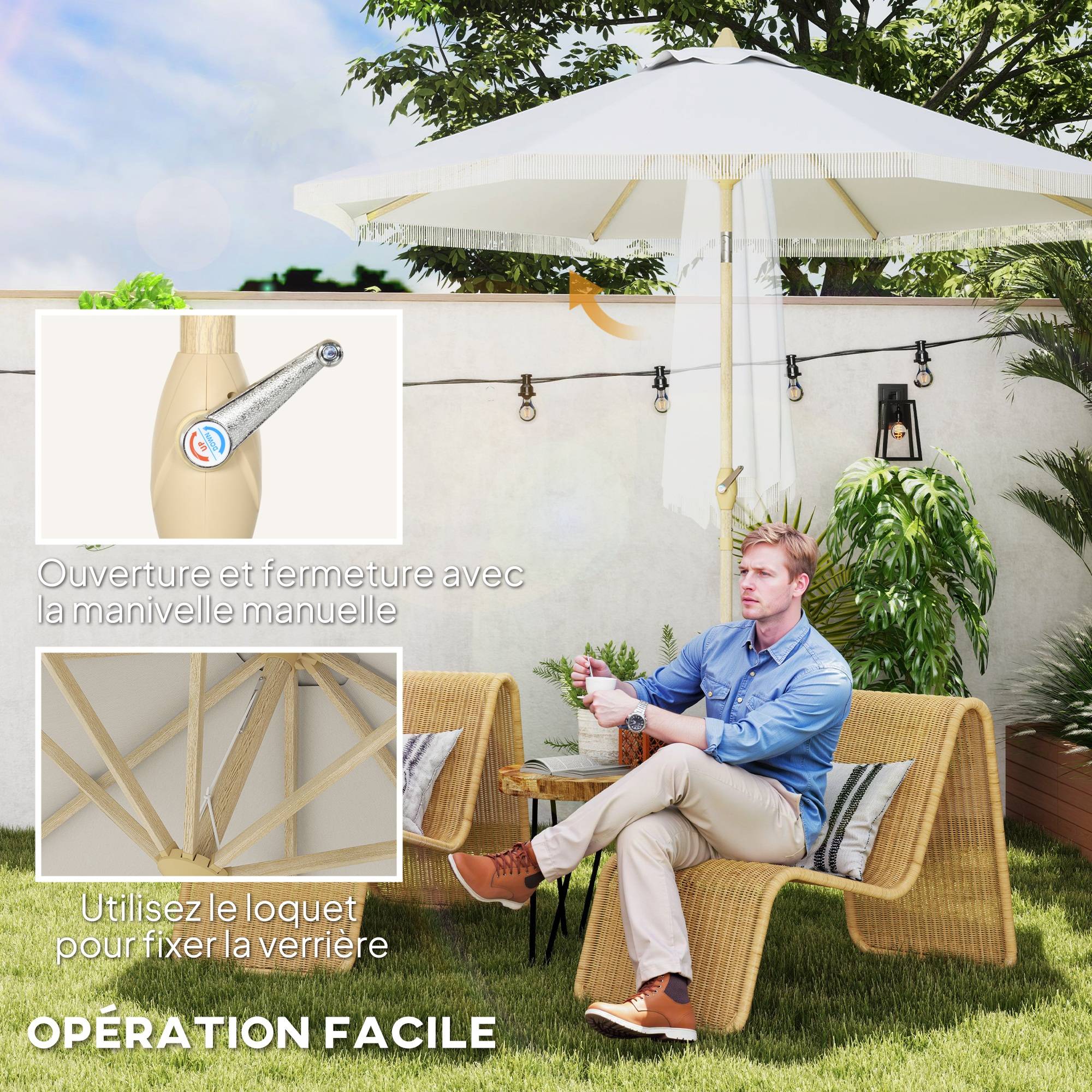 Parasol droit inclinable bohème acier jardin manivelle franges 265cm blanc - ComfortXL Outdoor Living - Image 7