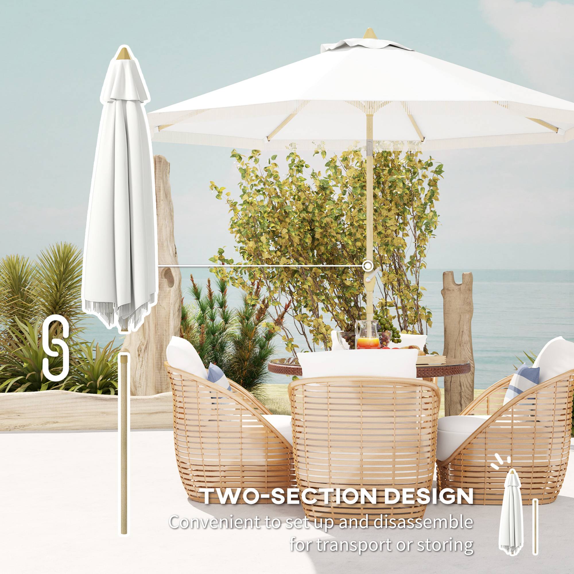 Parasol droit inclinable bohème acier jardin manivelle franges 265cm blanc - ComfortXL Outdoor Living - Image 10